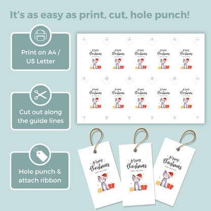 Printable Christmas Gift Tag - Cat with Santa Hat