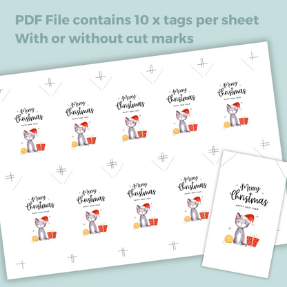 Printable Christmas Gift Tag - Cat with Santa Hat