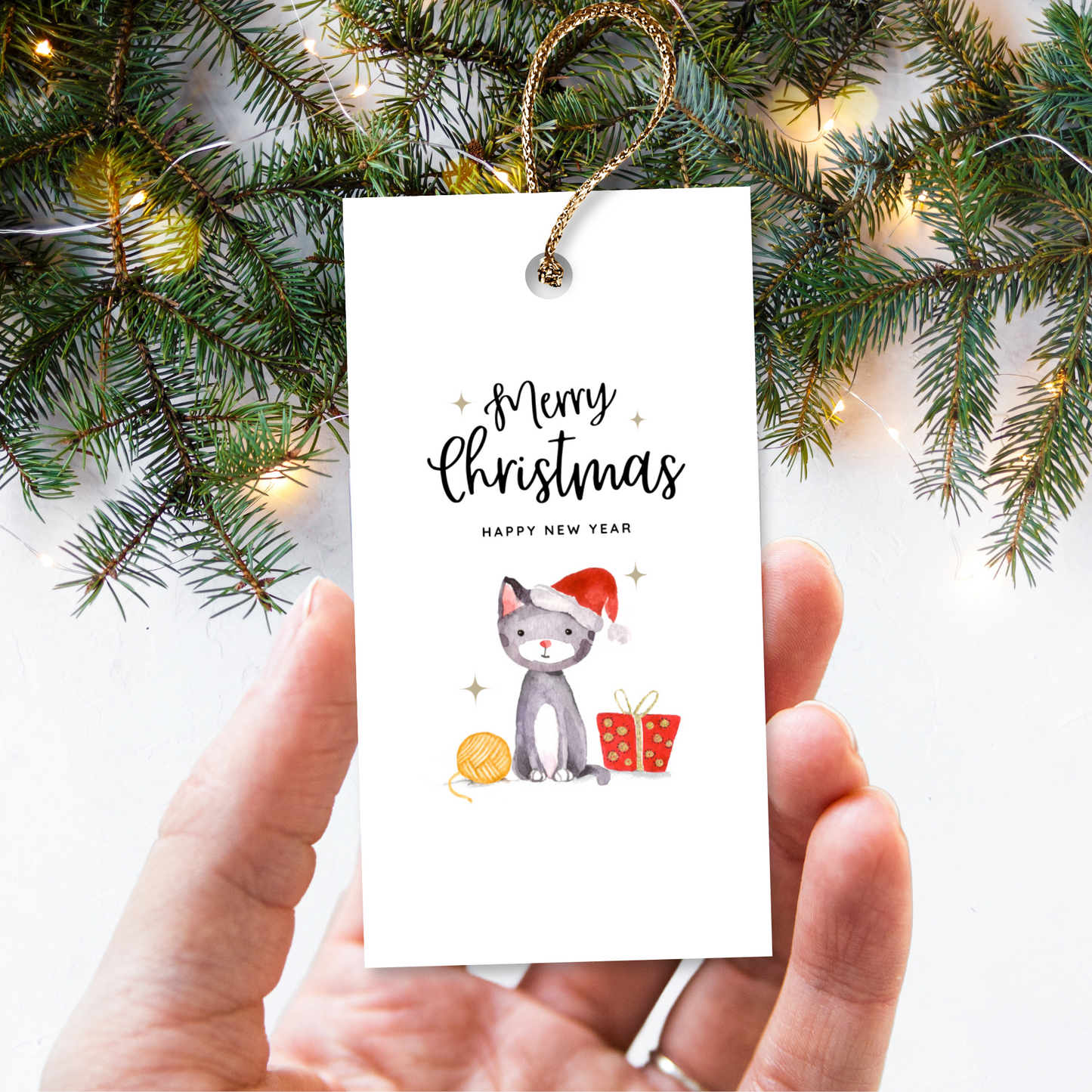 Printable Christmas Gift Tag - Cat with Santa Hat