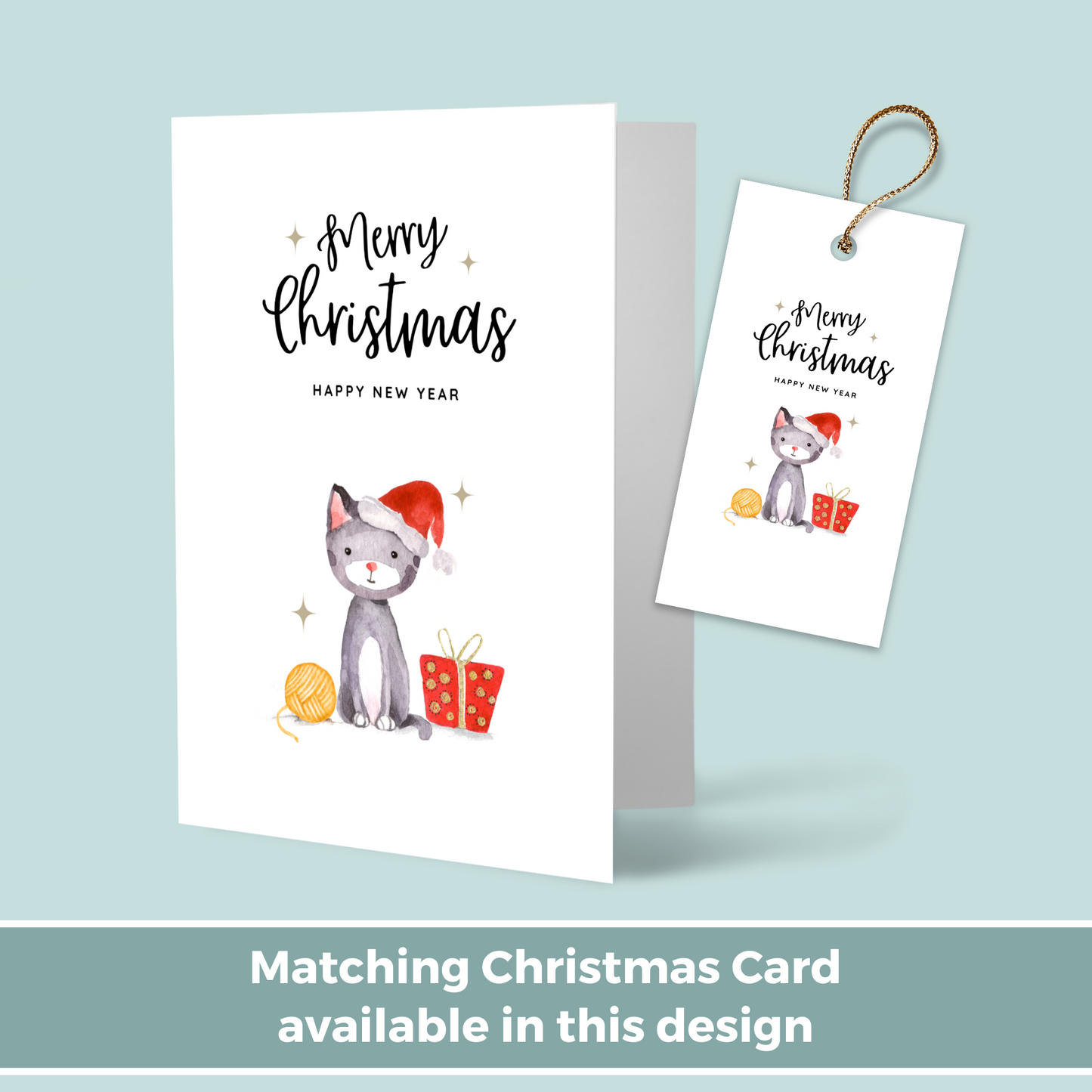 Printable Christmas Gift Tag - Cat with Santa Hat