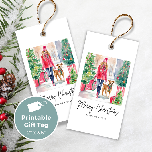 Printable Christmas Gift Tag - Woman with Dog