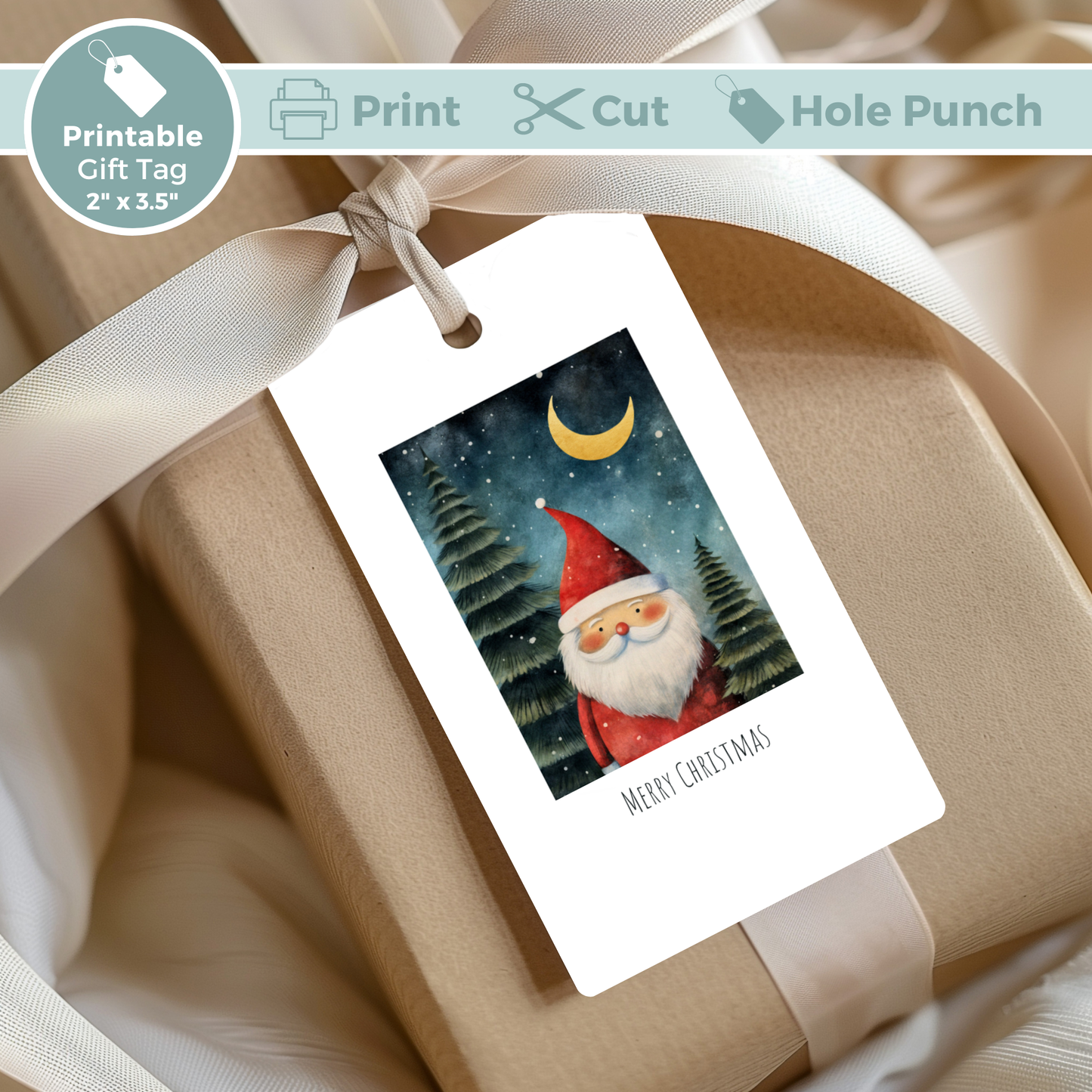 Printable Christmas Gift Tag - Starry Night Santa