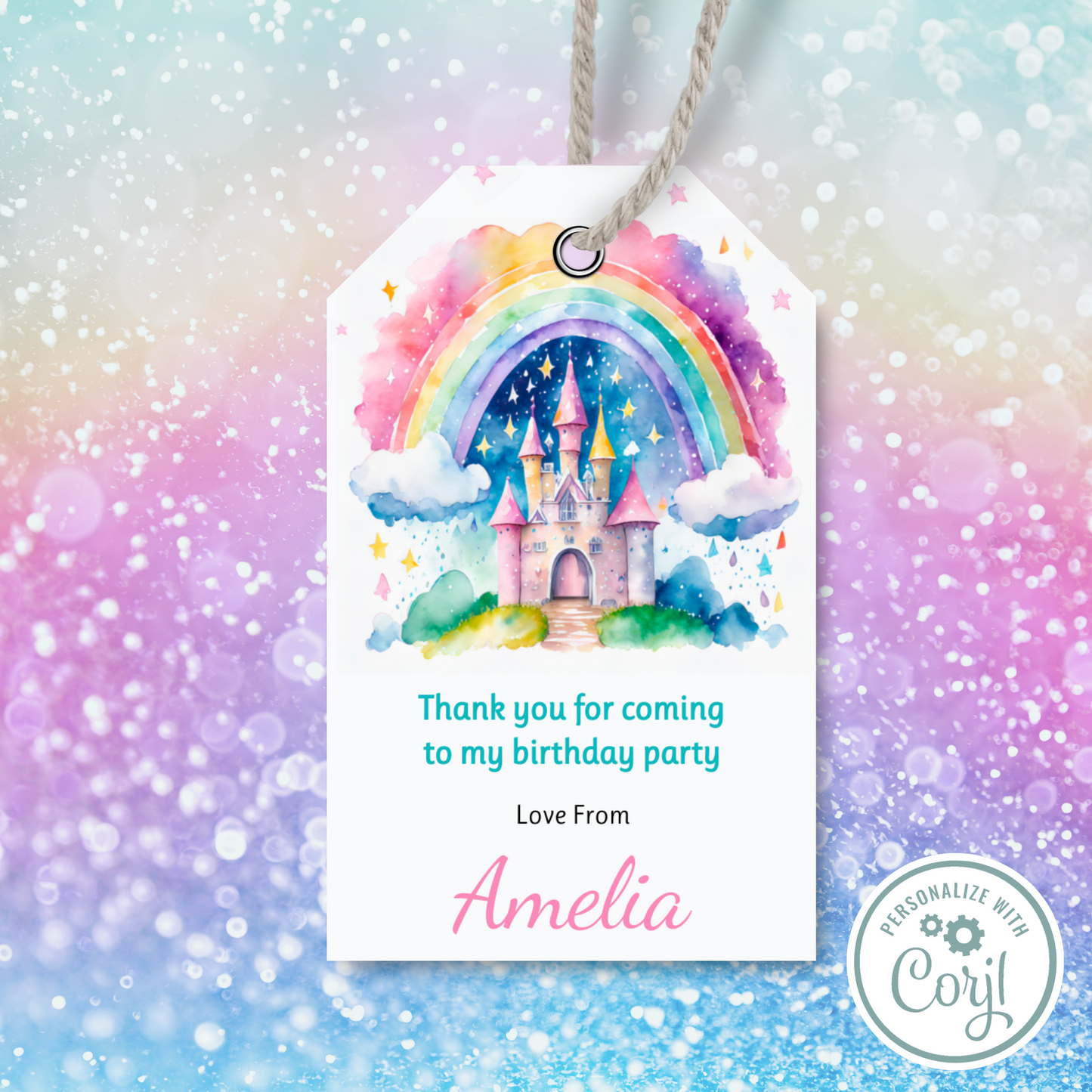 Editable Birthday Thank You Tag - Rainbow Castle