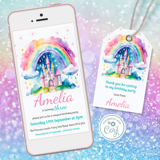 Editable Phone Birthday Invitation and FREE Thank You Tag - Rainbow Castle