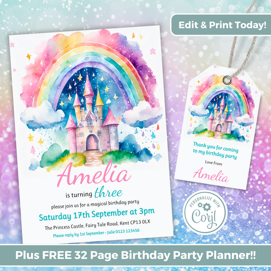 Editable Birthday Invitation and FREE Thank You Tag - Rainbow Castle