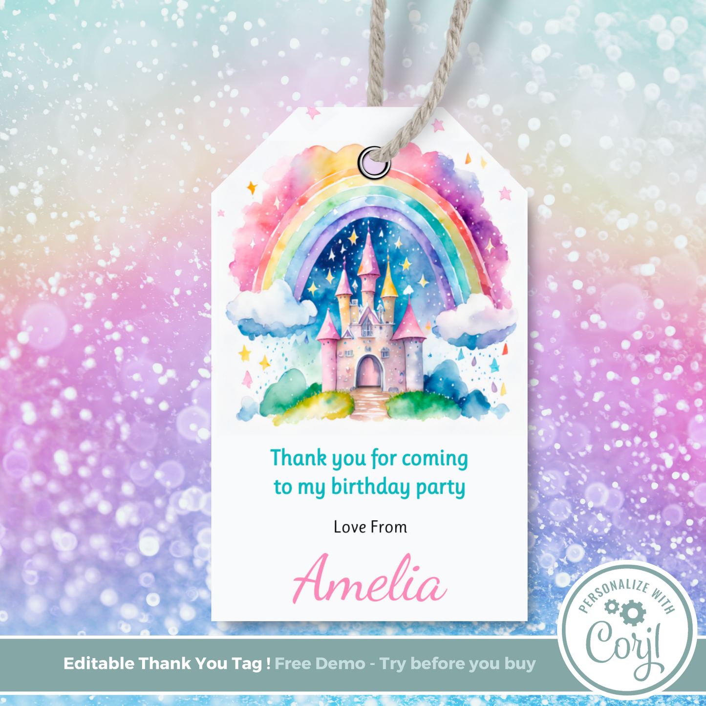 Editable Birthday Thank You Tag - Rainbow Castle