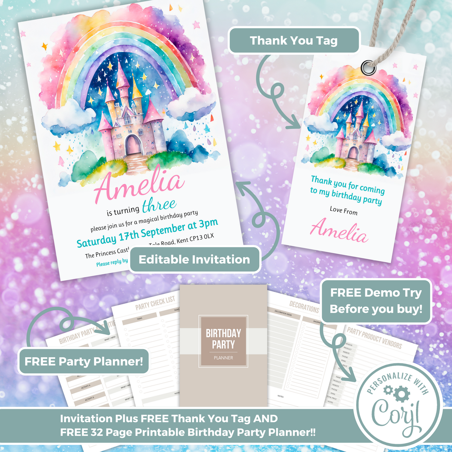 Editable Birthday Invitation and FREE Thank You Tag - Rainbow Castle