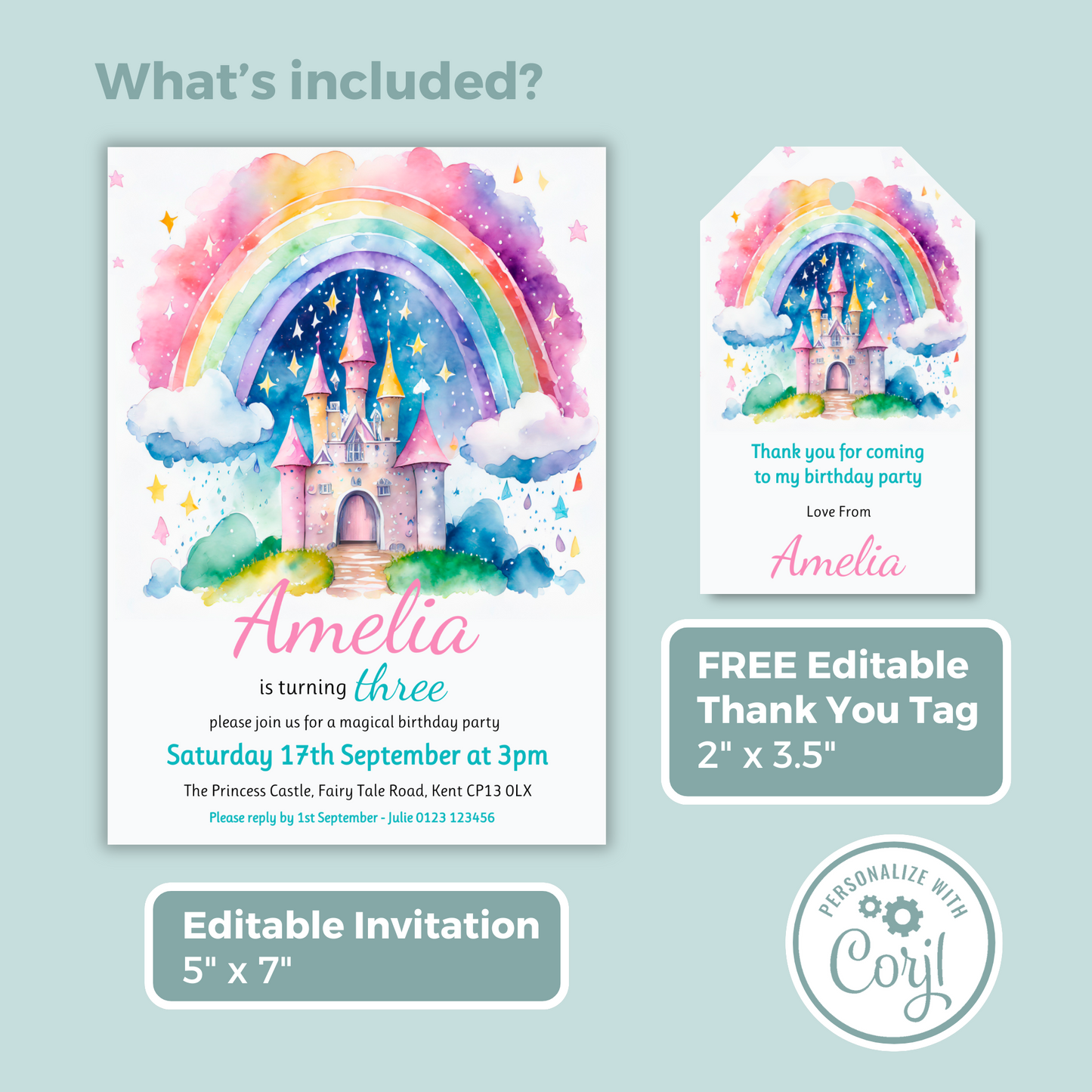 Editable Birthday Invitation and FREE Thank You Tag - Rainbow Castle