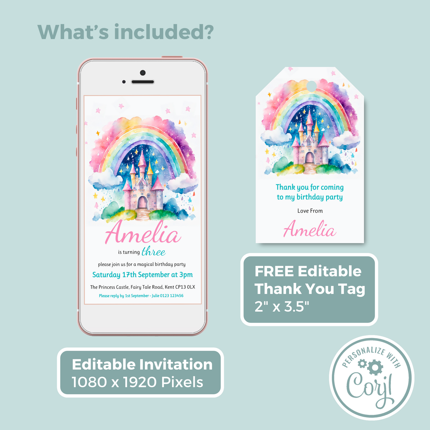 Editable Phone Birthday Invitation and FREE Thank You Tag - Rainbow Castle