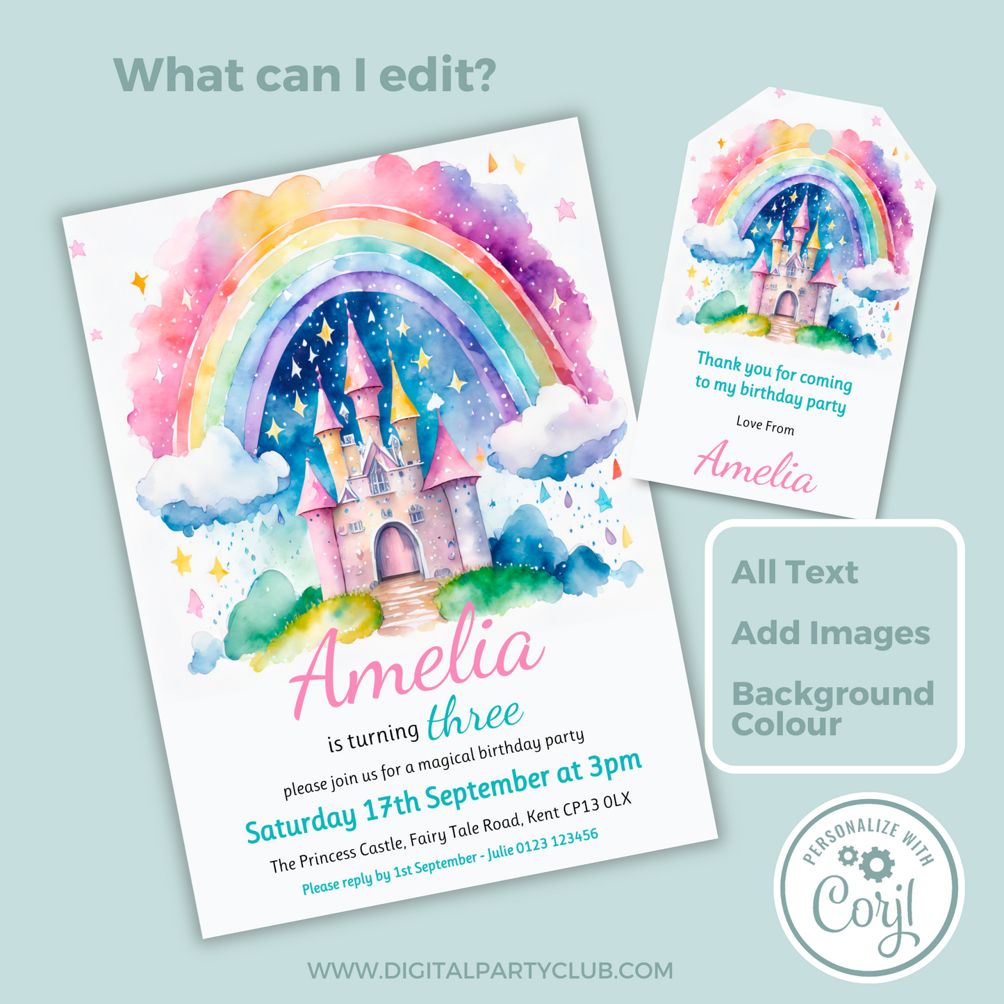 Editable Birthday Invitation and FREE Thank You Tag - Rainbow Castle