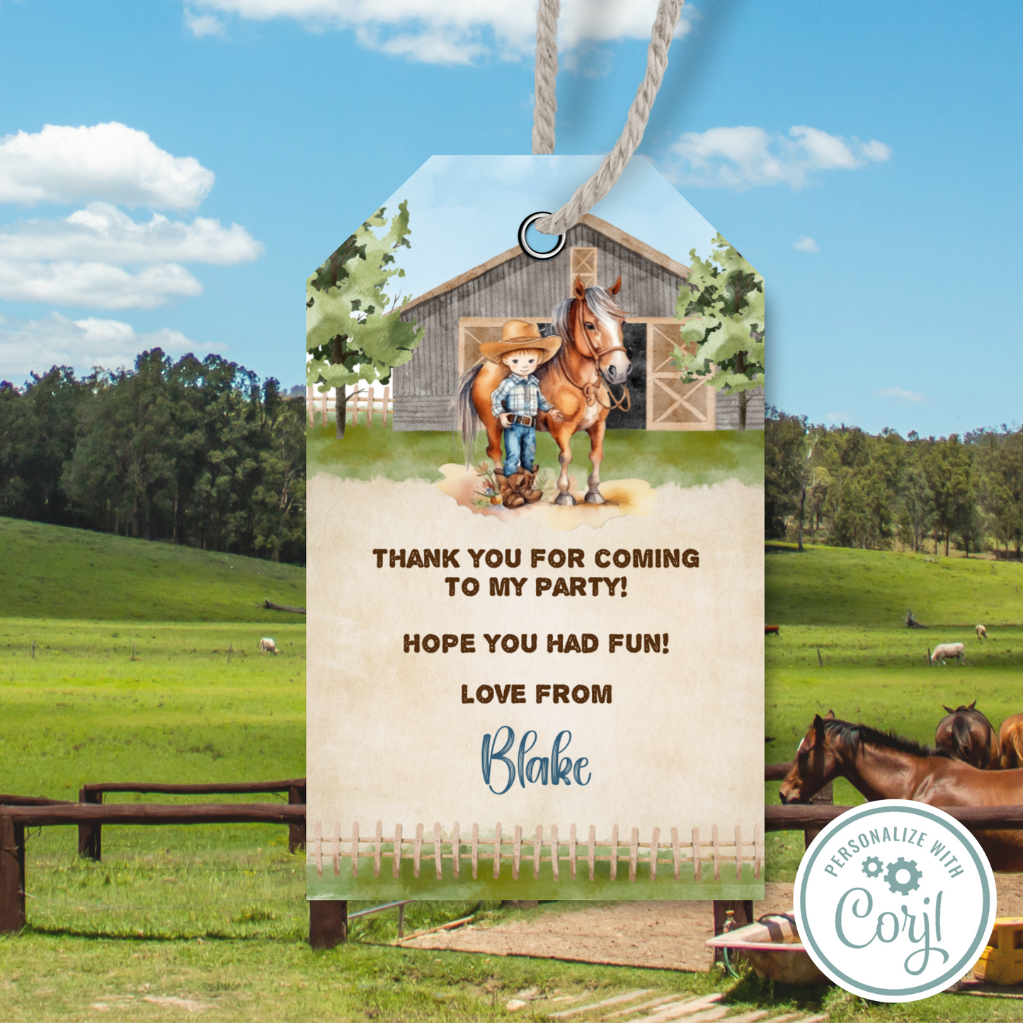 Editable Birthday Thank You Tag - Cowboy