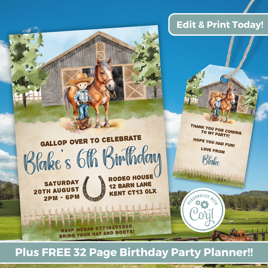 Editable Birthday Invitation and FREE Thank You Tag - Cowboy