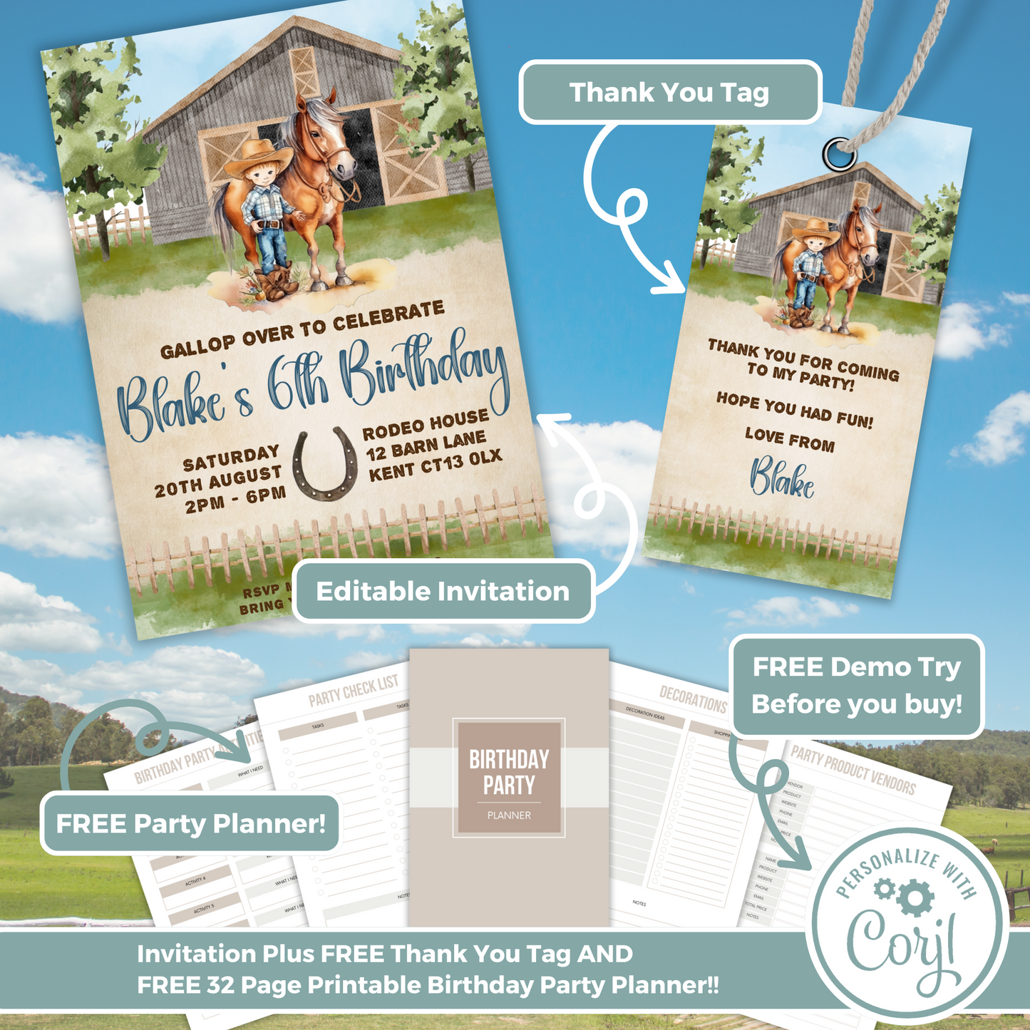 Editable Birthday Invitation and FREE Thank You Tag - Cowboy