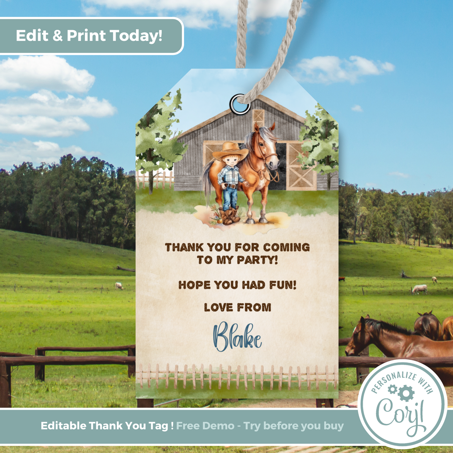 Editable Birthday Thank You Tag - Cowboy