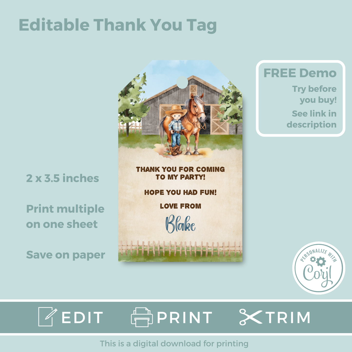 Editable Birthday Thank You Tag - Cowboy