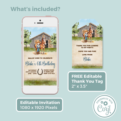 Editable Evite Birthday Invitation and FREE Thank You Tag - Cowboy