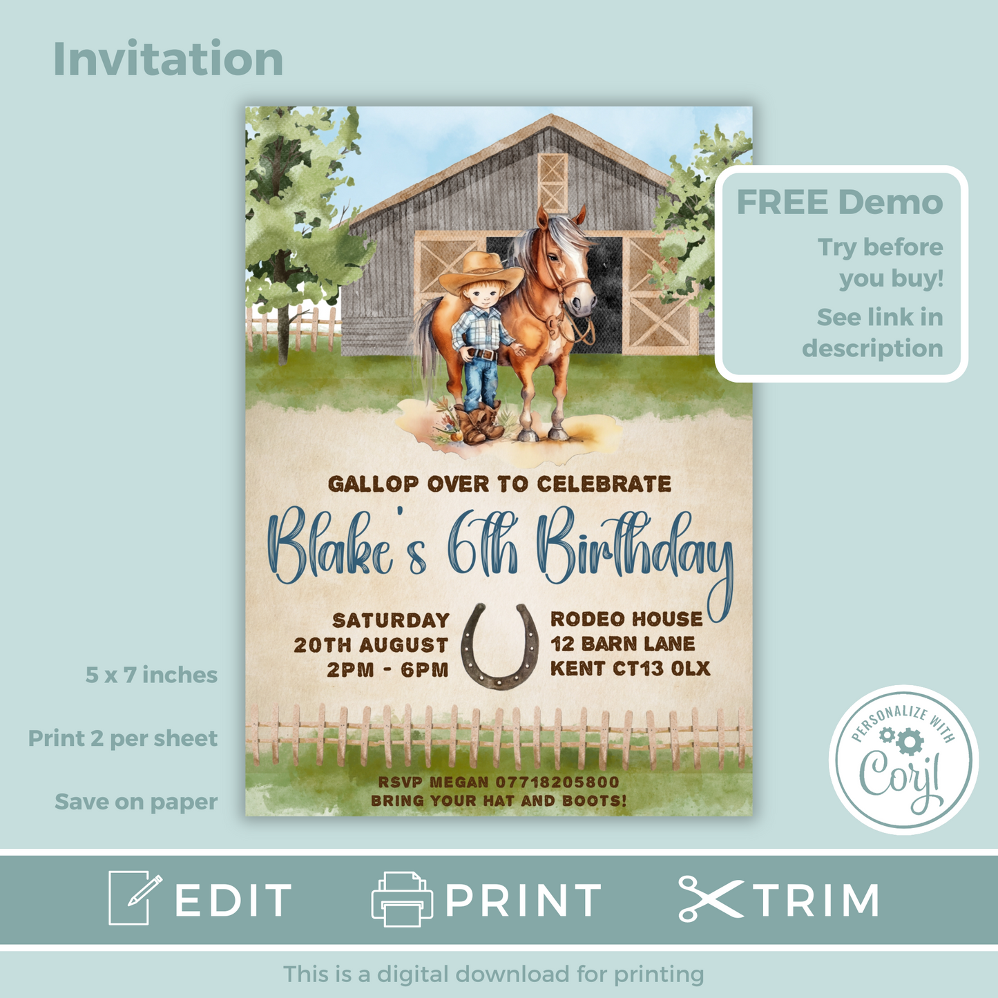 Editable Birthday Invitation and FREE Thank You Tag - Cowboy