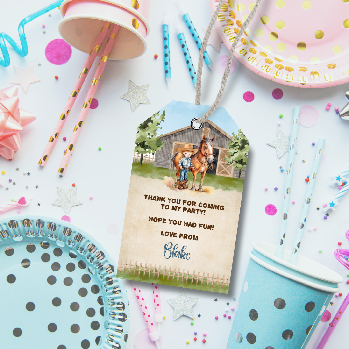 Editable Birthday Thank You Tag - Cowboy