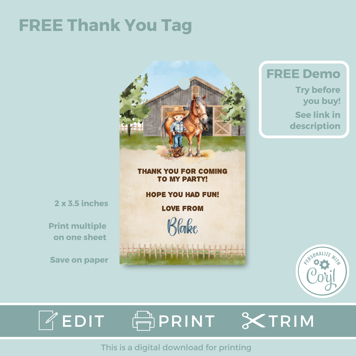 Editable Evite Birthday Invitation and FREE Thank You Tag - Cowboy