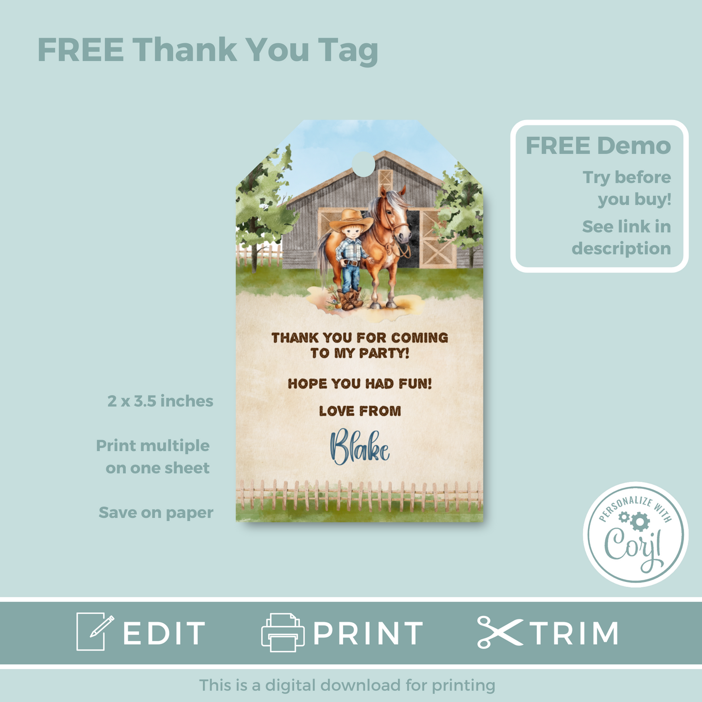 Editable Birthday Invitation and FREE Thank You Tag - Cowboy