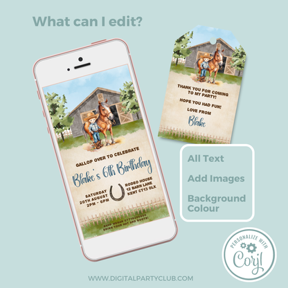 Editable Evite Birthday Invitation and FREE Thank You Tag - Cowboy