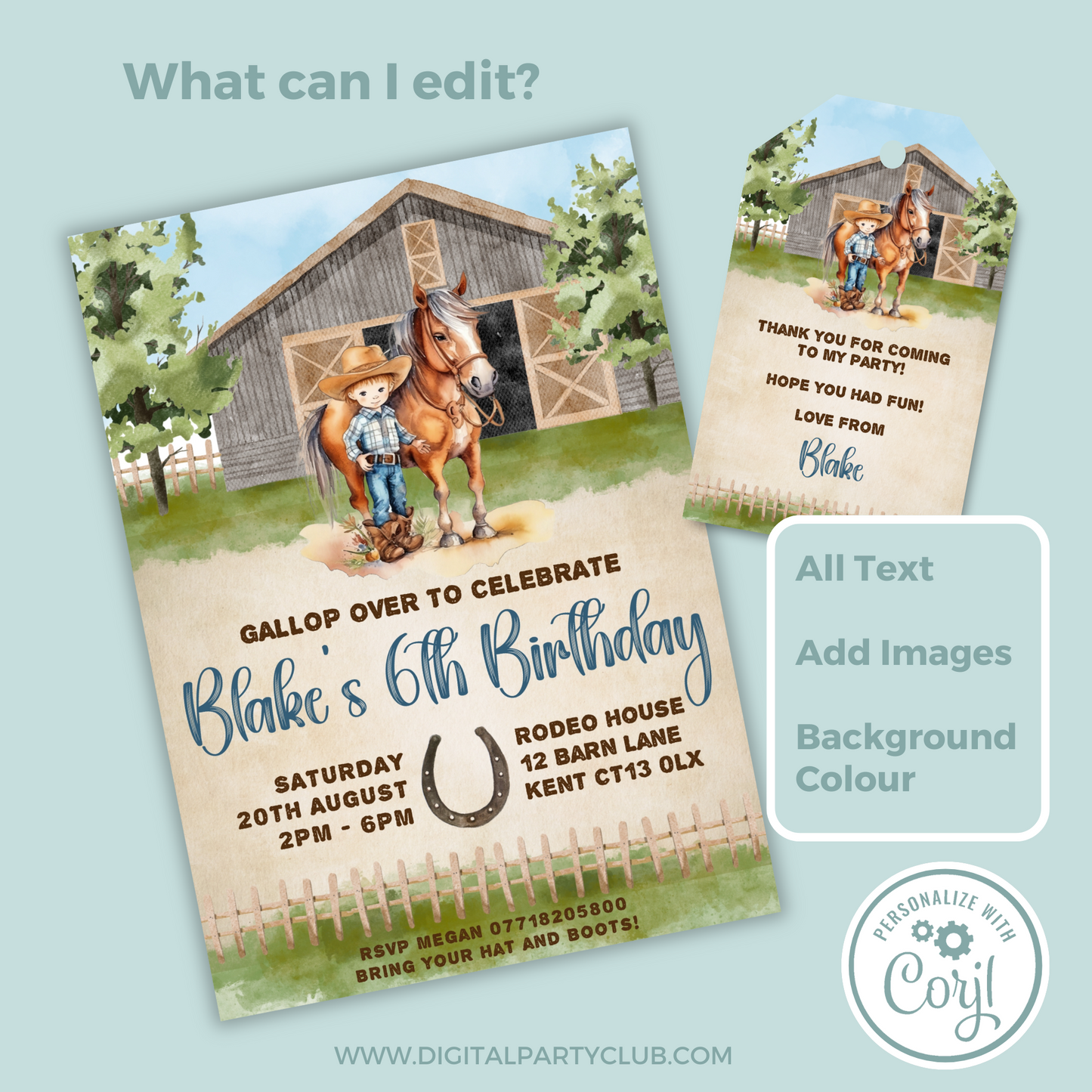 Editable Birthday Invitation and FREE Thank You Tag - Cowboy