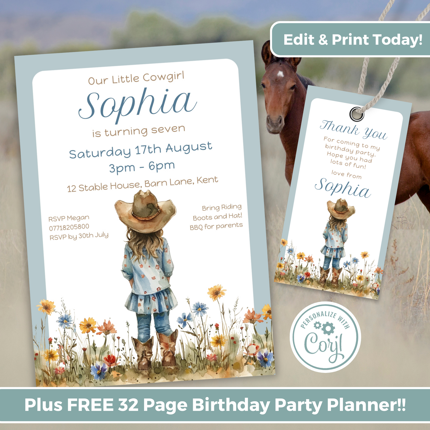 Editable Birthday Invitation and FREE Thank You Tag - Cowgirl Blue