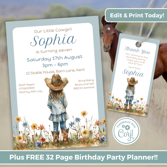 Editable Birthday Invitation and FREE Thank You Tag - Cowgirl Blue