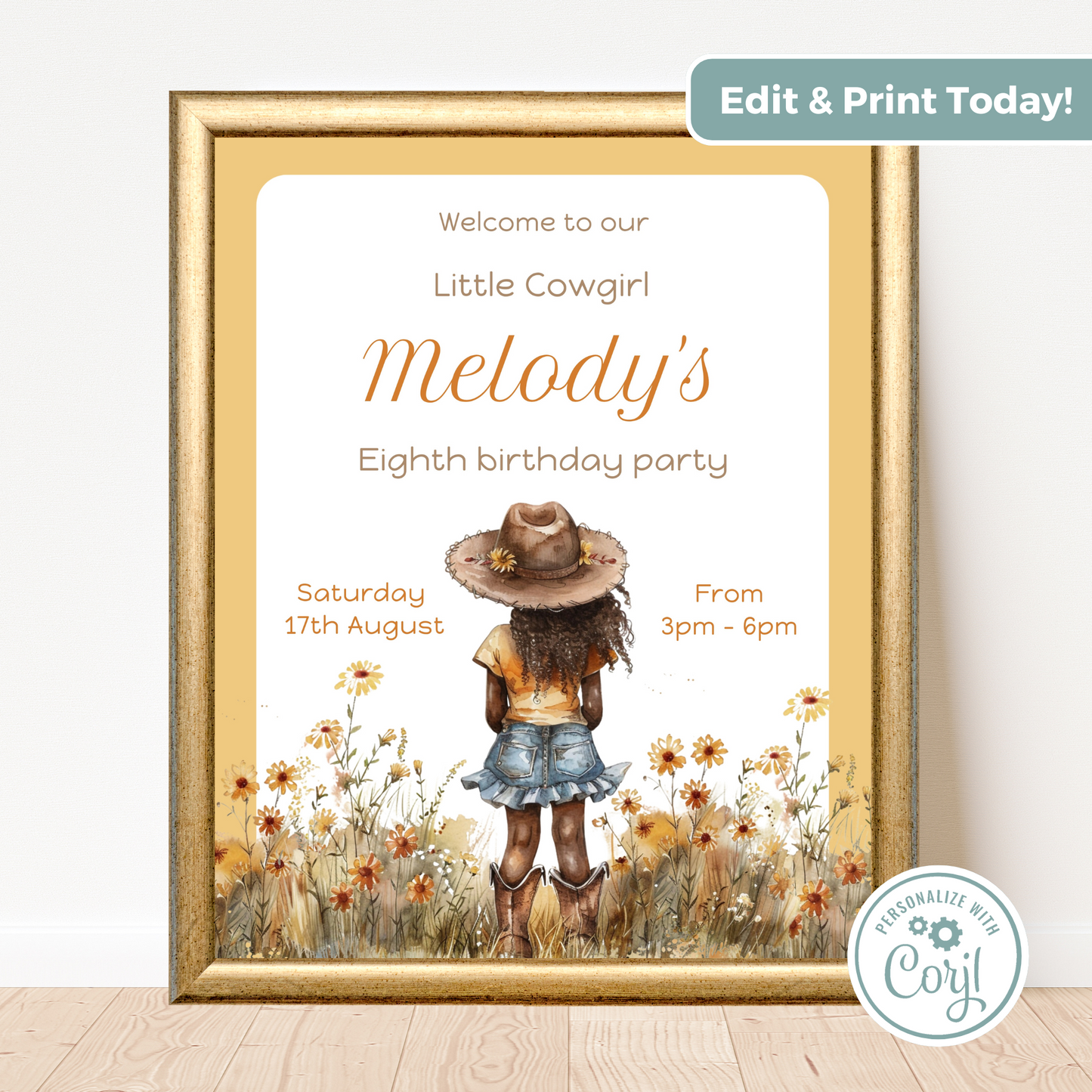 Editable Birthday Welcome Sign - Cowgirl Peach