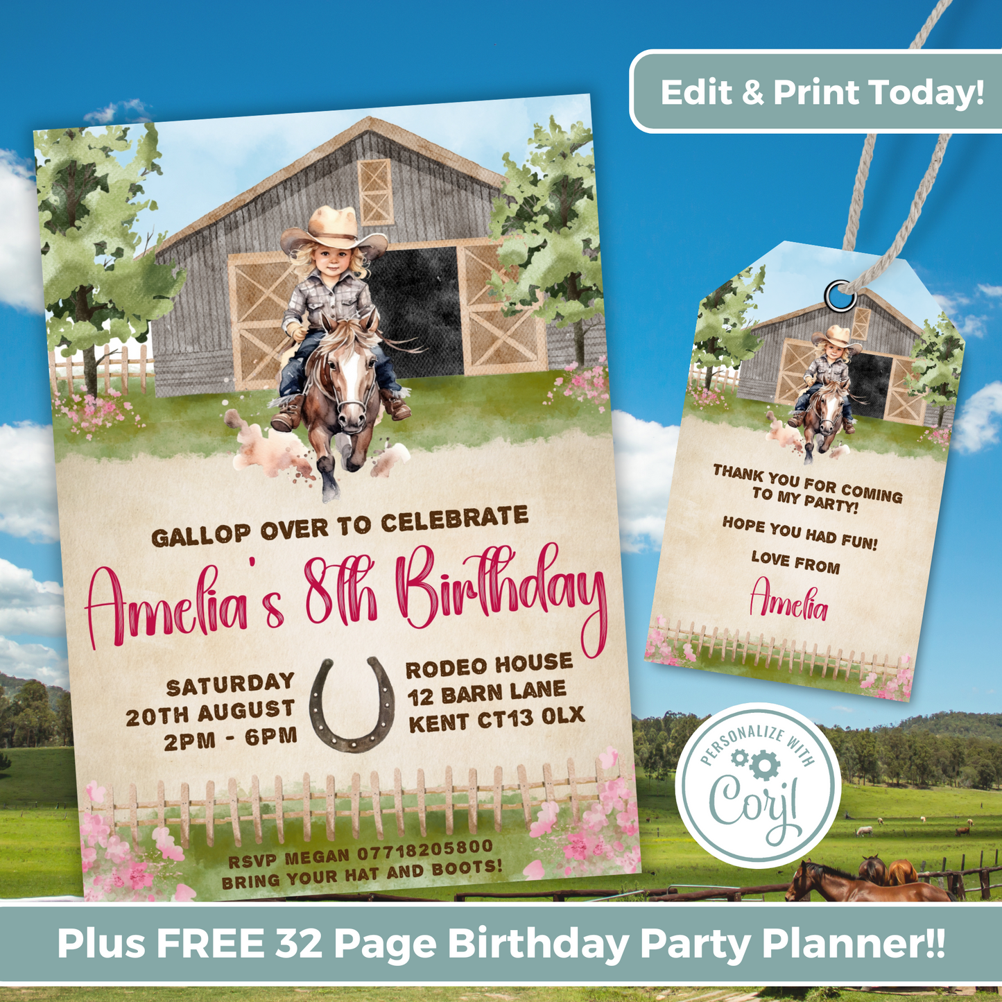 Editable Birthday Invitation and FREE Thank You Tag - Wild West