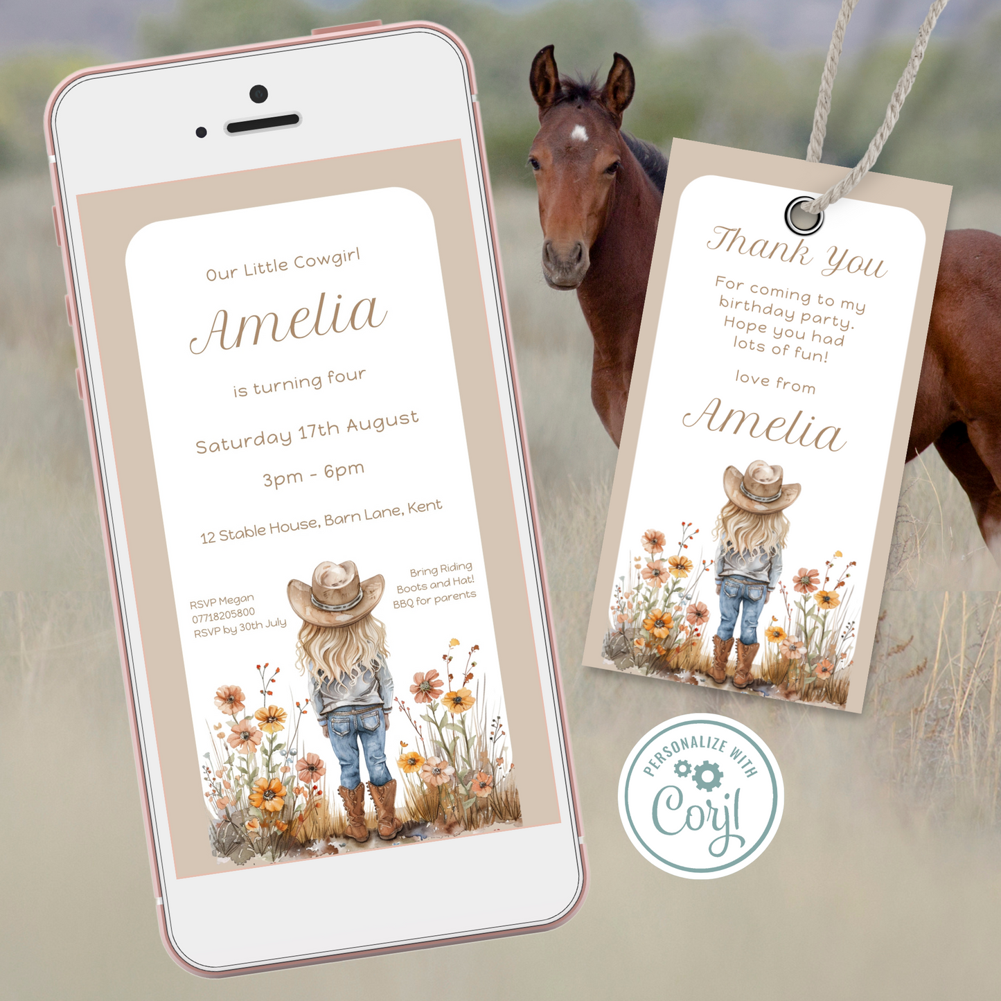 Editable Evite Birthday Invitation and FREE Thank You Tag - Cowgirl Beige