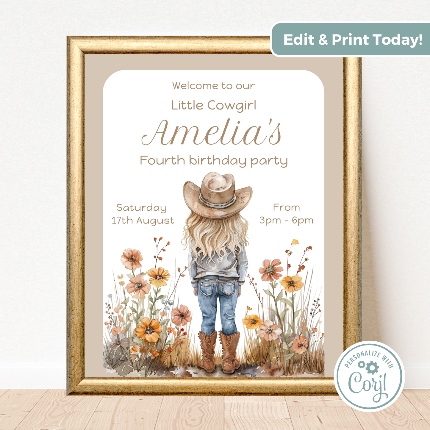 Editable Birthday Welcome Sign - Cowgirl Beige