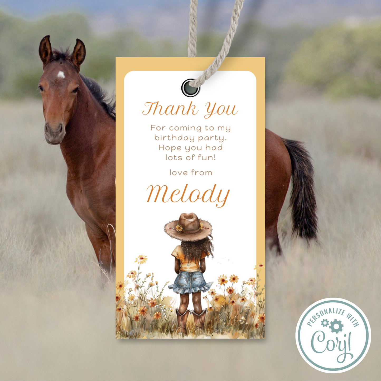 Editable Birthday Thank You Tag - Cowgirl Peach