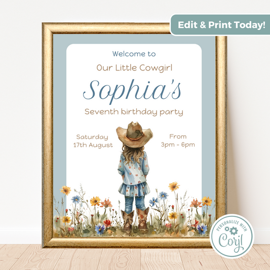 Editable Birthday Welcome Sign - Cowgirl Blue