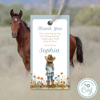 Editable Birthday Thank You Tag - Cowgirl Blue