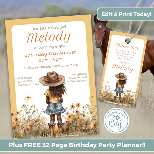 Editable Birthday Invitation and FREE Thank You Tag - Cowgirl Peach