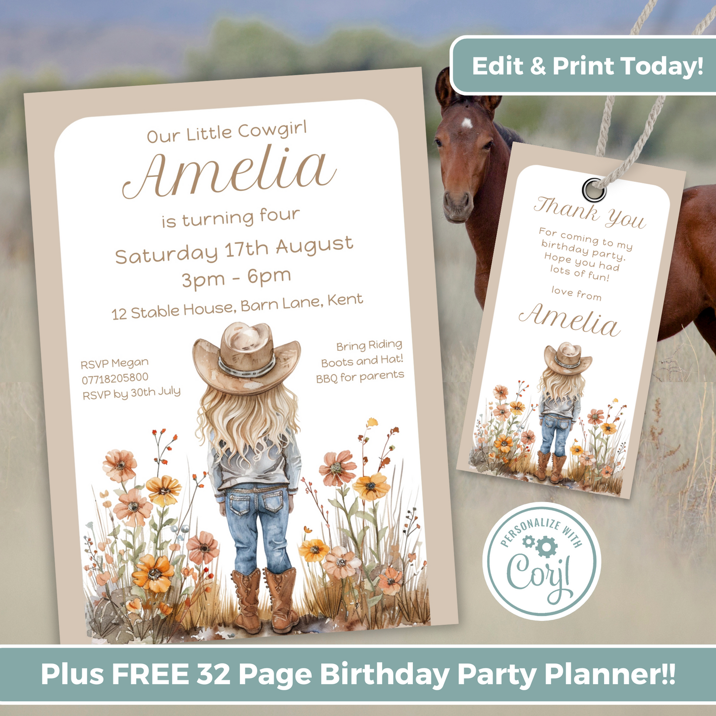 Editable Birthday Invitation and FREE Thank You Tag - Cowgirl Beige