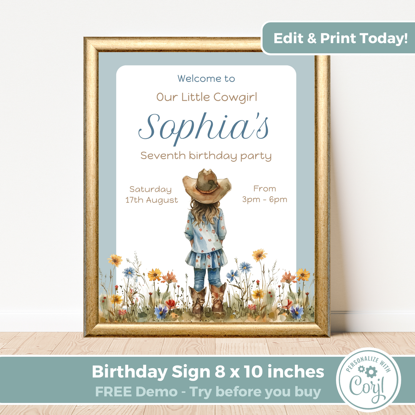 Editable Birthday Welcome Sign - Cowgirl Blue