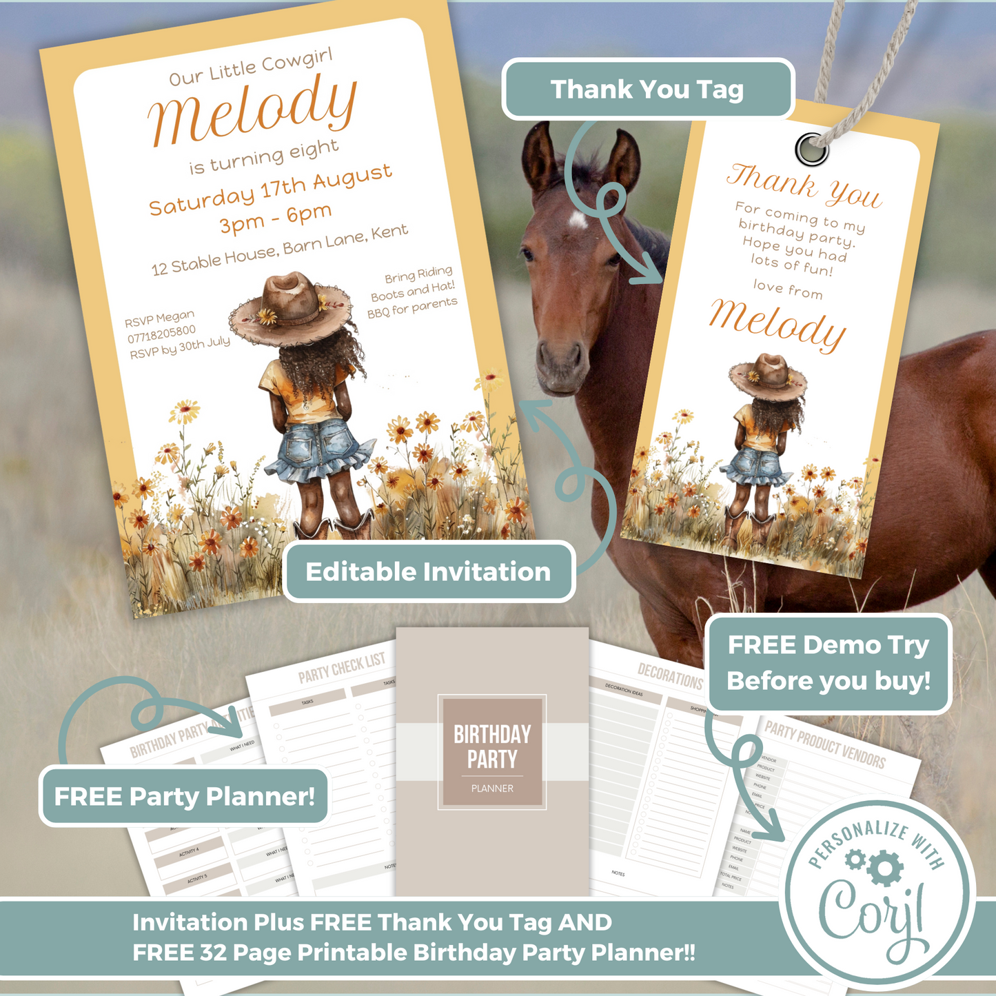 Editable Birthday Invitation and FREE Thank You Tag - Cowgirl Peach