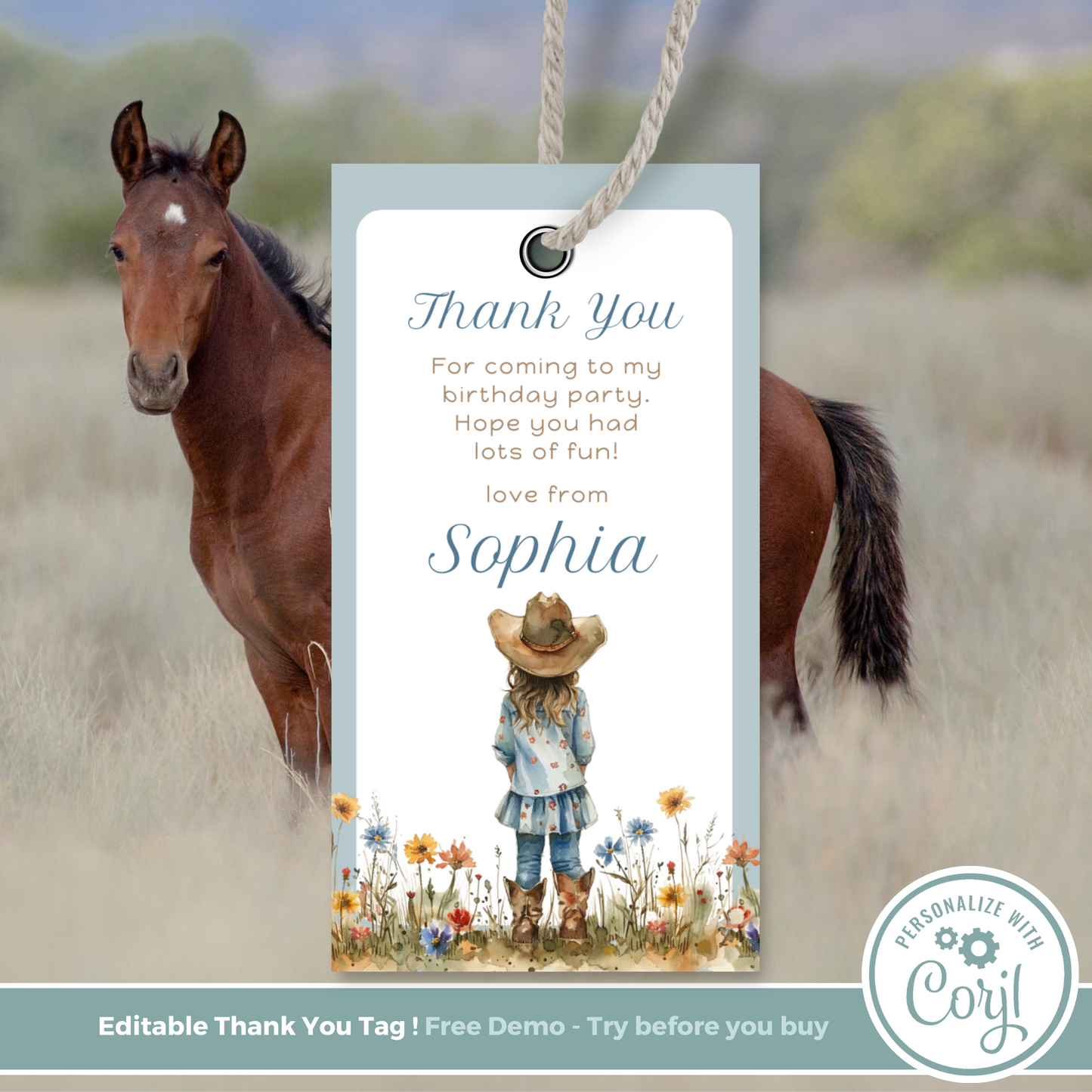 Editable Birthday Thank You Tag - Cowgirl Blue