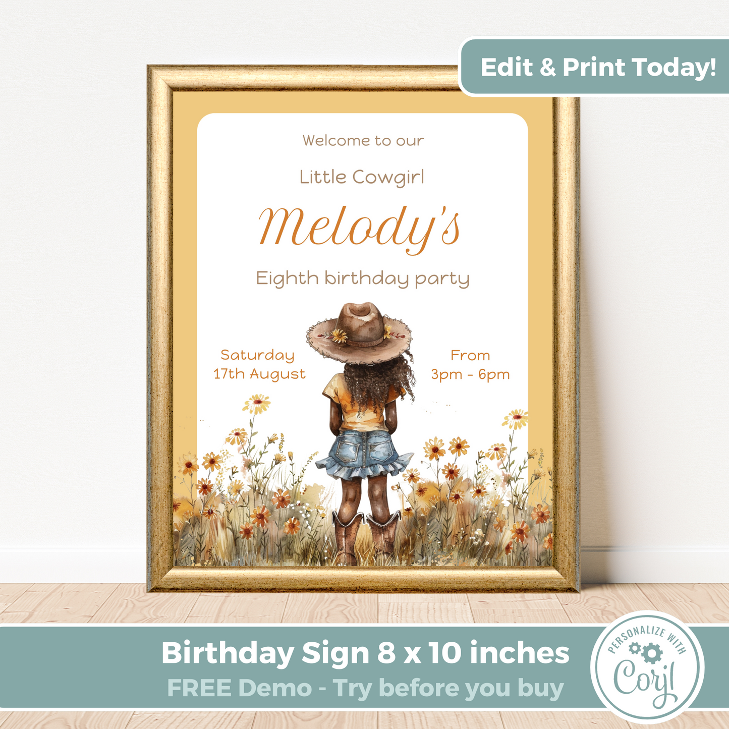 Editable Birthday Welcome Sign - Cowgirl Peach