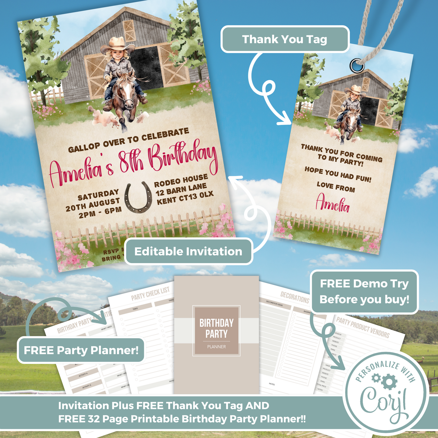 Editable Birthday Invitation and FREE Thank You Tag - Wild West