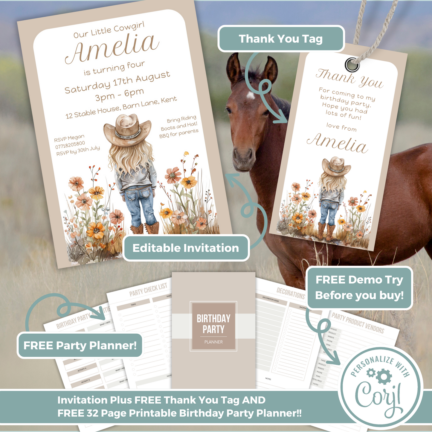 Editable Birthday Invitation and FREE Thank You Tag - Cowgirl Beige