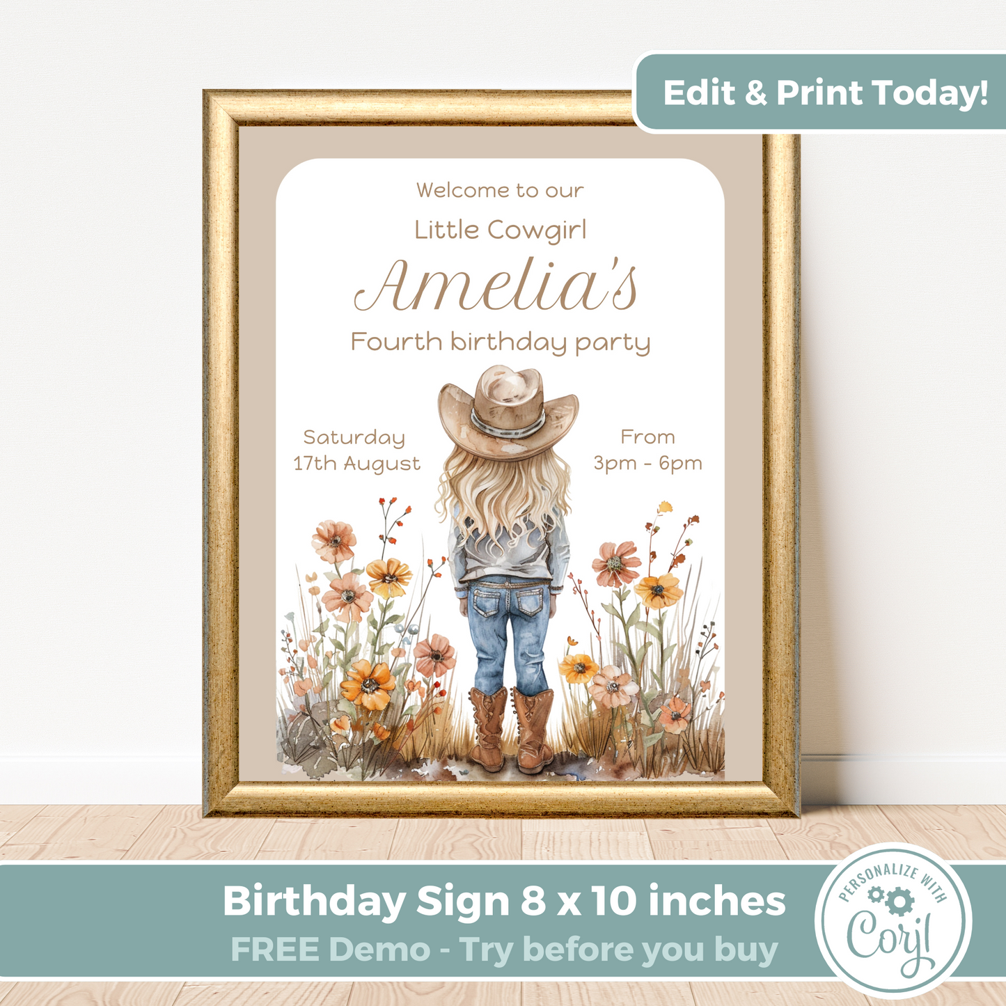 Editable Birthday Welcome Sign - Cowgirl Beige