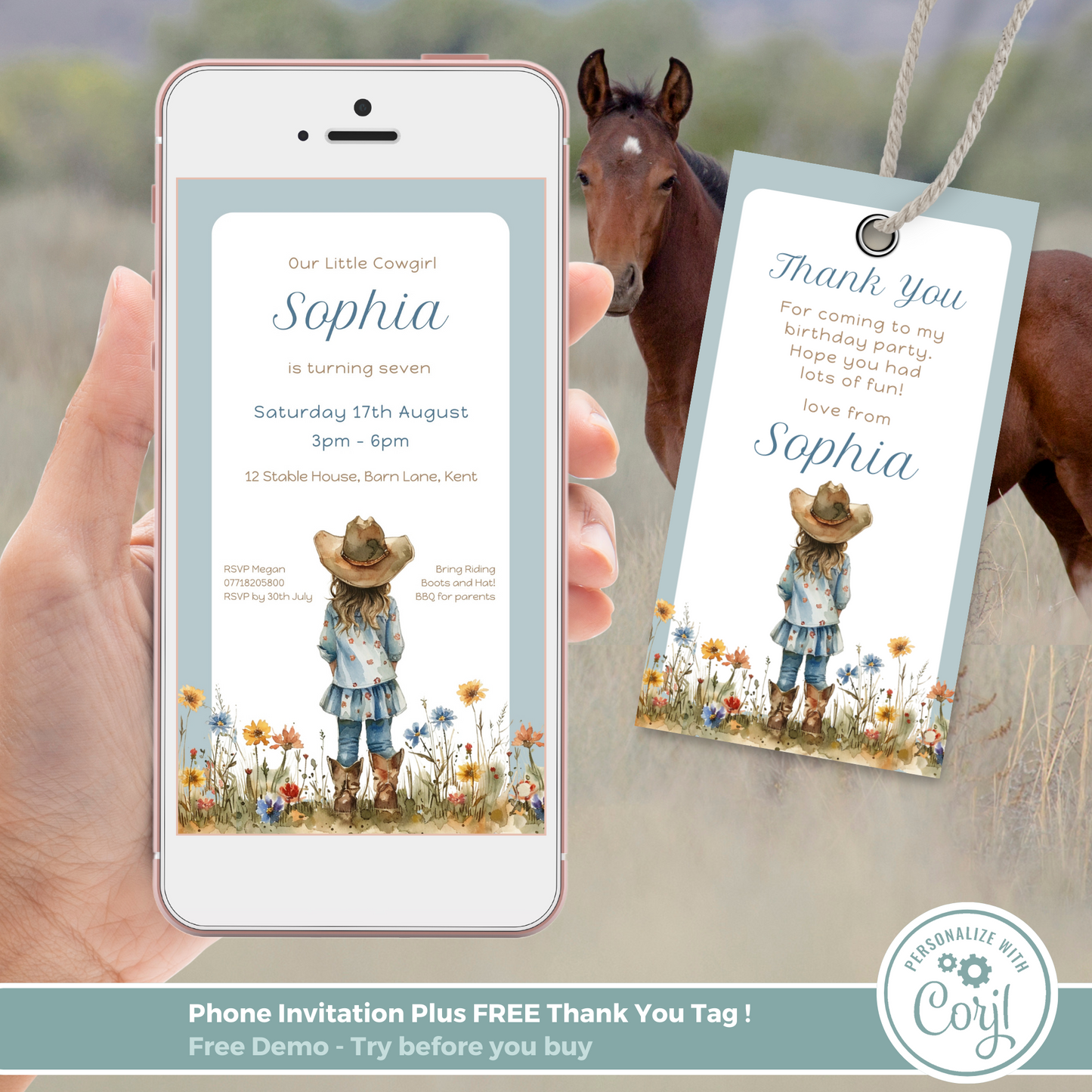 Editable Evite Birthday Invitation and FREE Thank You Tag - Cowgirl Blue