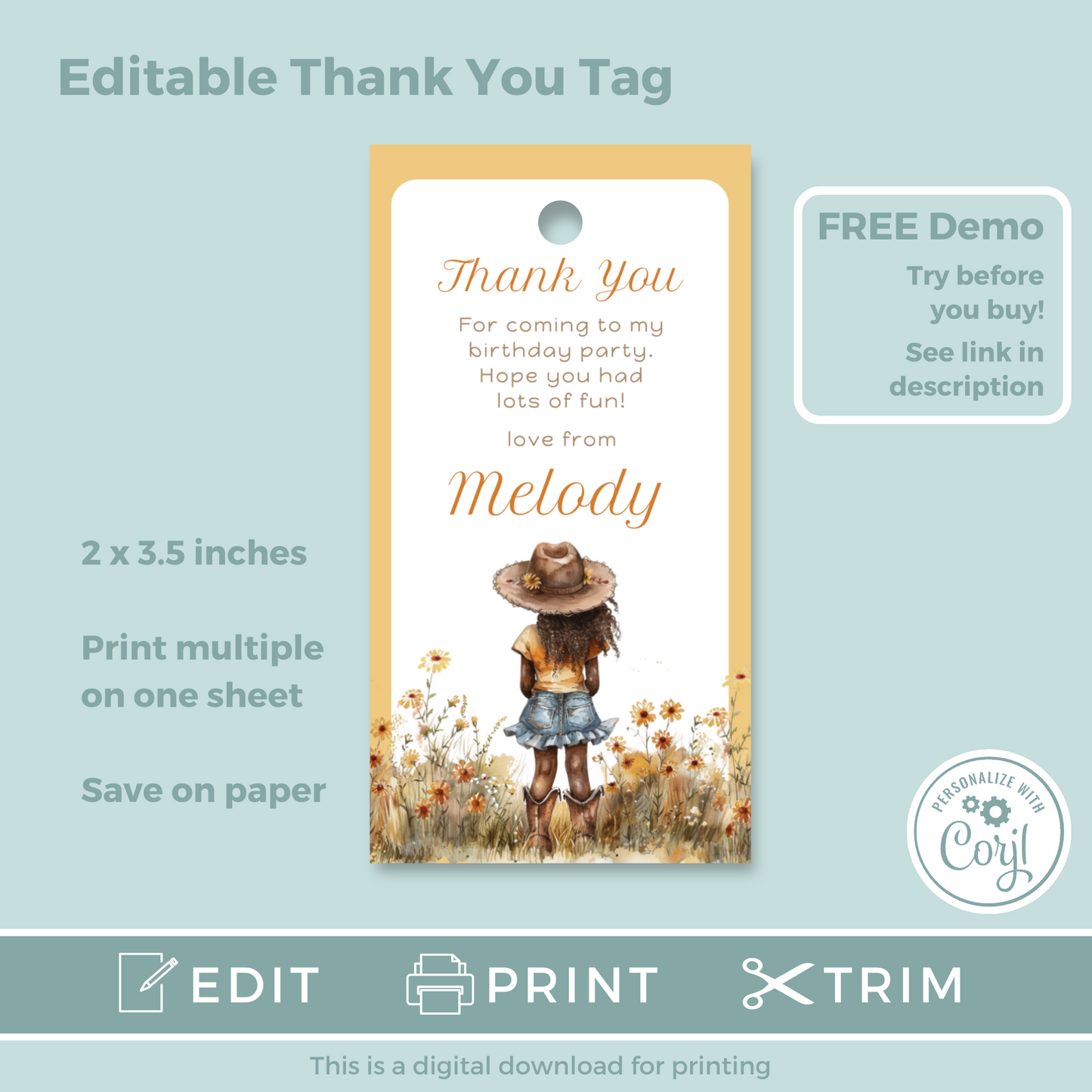 Editable Birthday Thank You Tag - Cowgirl Peach