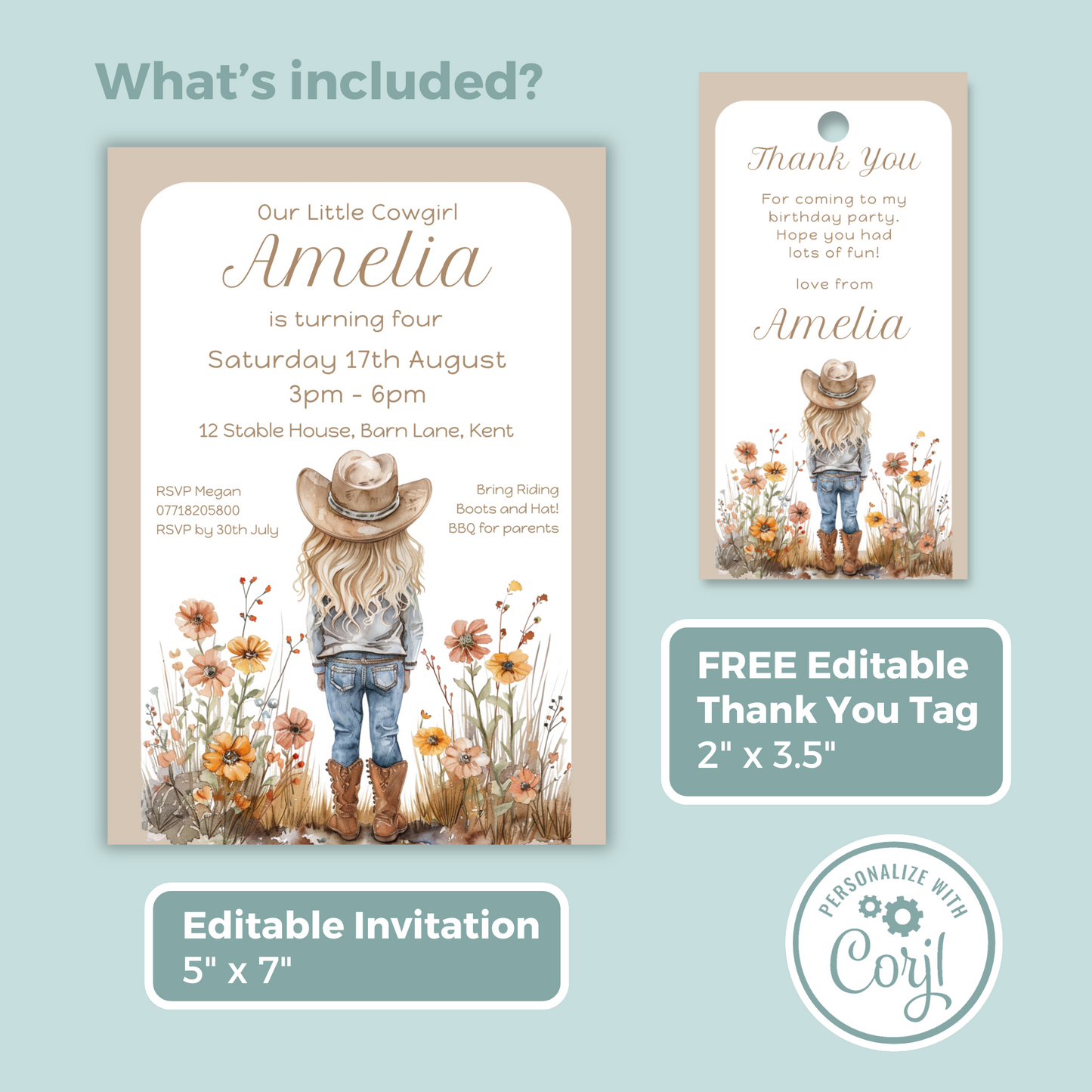 Editable Birthday Invitation and FREE Thank You Tag - Cowgirl Beige