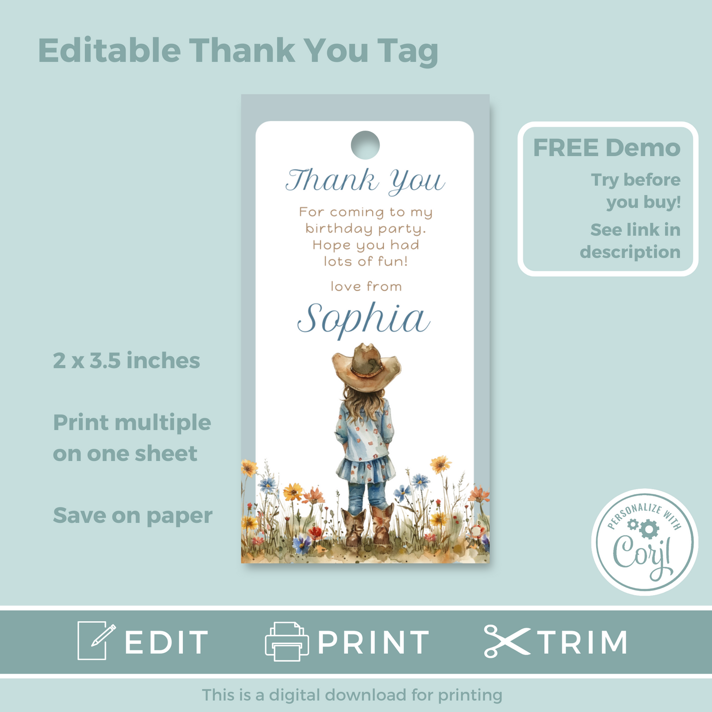 Editable Birthday Thank You Tag - Cowgirl Blue