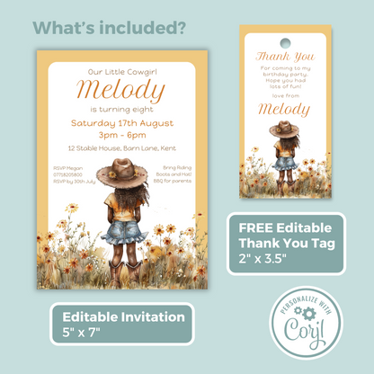 Editable Birthday Invitation and FREE Thank You Tag - Cowgirl Peach