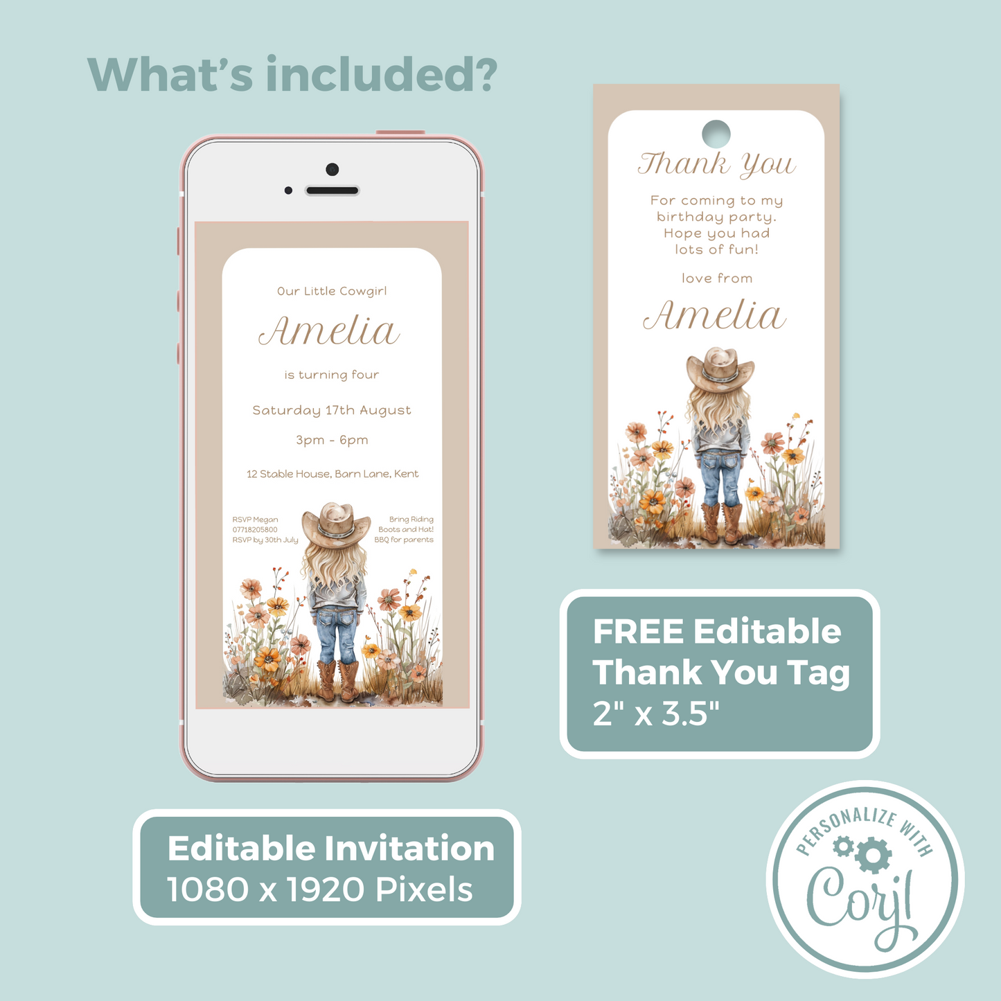 Editable Evite Birthday Invitation and FREE Thank You Tag - Cowgirl Beige